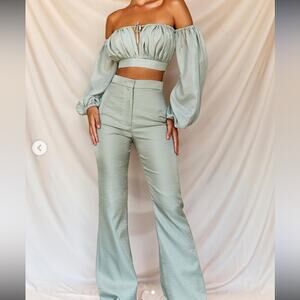HOUSE OF CB Vania Pistachio Green Shimmer Trouser High Waisted Pants